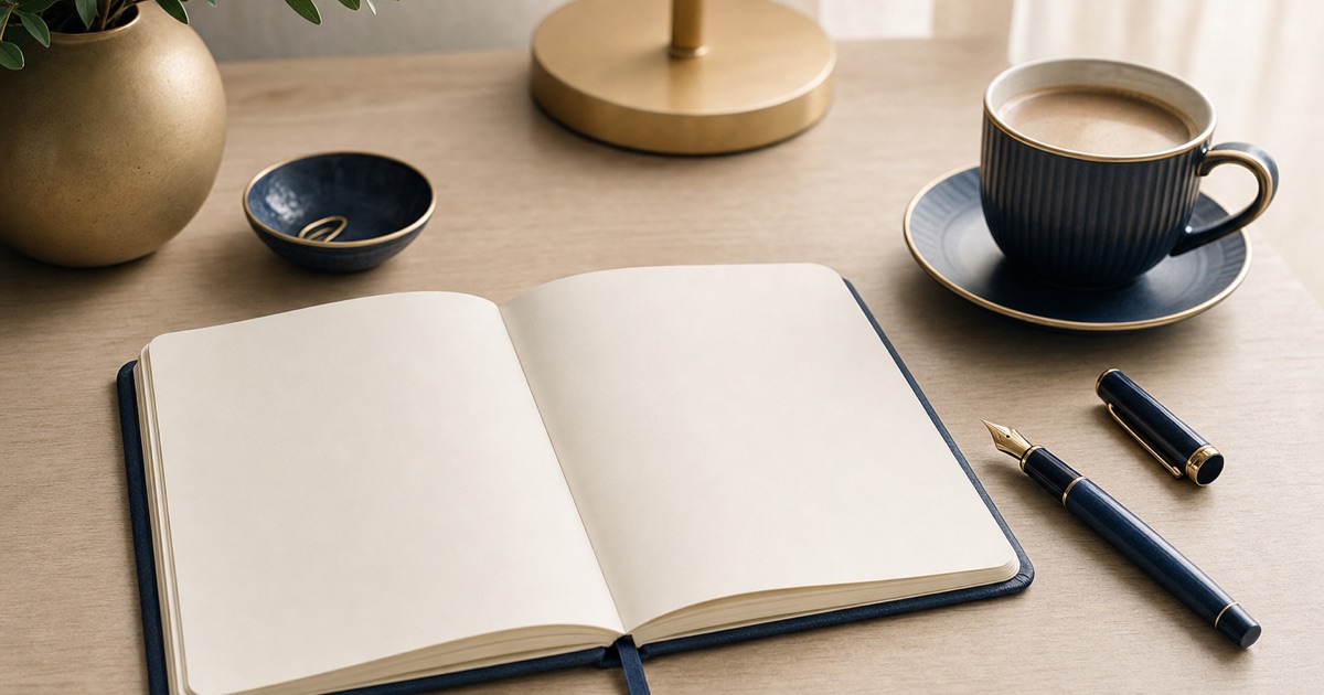 Lyst skrivebord med notesbog, pen og kaffekop i varmt lys